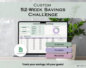 Spar-Challenge 2026, 52-Wochen-Spar-Tracker-Challenge mit Google Sheets, individuell anpassbare Spar-Dashboards mit umgekehrter Sparfunktion, Spar-Tabellenvorlage