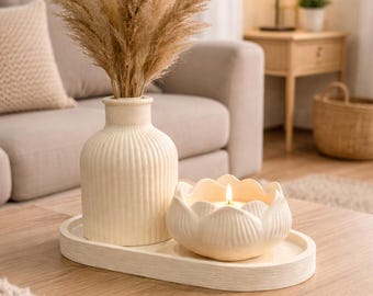 Plateau ovale et photophore lotus avec vase - Ensemble de décoration en plâtre fait main