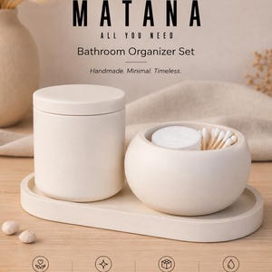 Conjunto organizador para banheiro com pote com tampa, tigela e bandeja oval.
