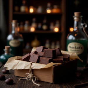 May include: A collection of dark brown, square-shaped chocolate fudge pieces arranged in a light brown cardboard box lined with parchment paper and tied with twine, with glass bottles in the background featuring labels that read Phoclat's.