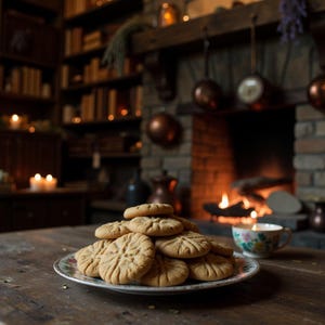 May include: A stack of round, golden-brown biscuits with a pressed radial pattern on a white ceramic plate featuring a floral rim. The biscuits have a textured surface and are arranged in a pile on a wooden surface next to a small floral teacup.