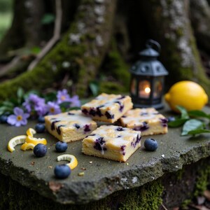 May include: Three square lemon blueberry cake slices topped with a white glaze, arranged on a stone surface with fresh blueberries, lemon peel curls, and small purple flowers. A dark metal lantern and a whole yellow lemon are nearby.
