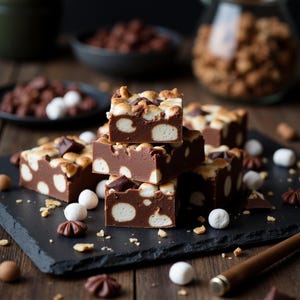 May include: Square pieces of chocolate fudge stacked on a black slate board. The fudge is dark brown and embedded with white mini marshmallows and small chunks of dark chocolate. Scattered loose marshmallows and chocolate pieces surround the stack.