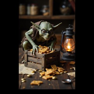 May include: A green creature with pointed ears and round glasses wearing a brown garment, leaning over a small wooden crate filled with square crackers. The scene includes a lit lantern and scattered crackers on a dark wooden surface.