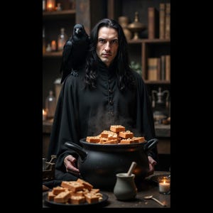 May include: A person with long dark hair wearing a black button-up garment with a black raven perched on their shoulder. They are holding a large black cauldron filled with steaming light brown square food items, with more on a plate.