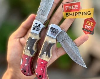 Handmade Damascus Pocket Knife Wood Handle Groomsmen Gift Anniversary Birthday Gift Personalized for Him