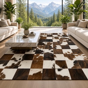Checkered Patchwork Cowhide Rug Genuine Leather Rectangular Carpet Large Geometric Floor Mat Modern Living Room Interior Decor Accent