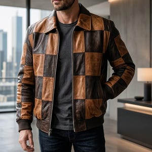 Chaqueta bomber de cuero marrón a cuadros para hombre, chaqueta motera de patchwork bicolor, abrigo de cuero informal vintage con cremallera para hombre.