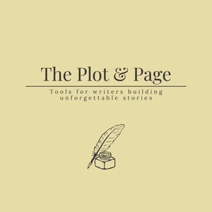 Może przedstawiać: Jasnoż&oacute;łta grafika z ciemnobrązowym napisem The Plot & Page, po kt&oacute;rym następuje podtytuł Tools for writers building unforgettable stories. Pod tekstem znajduje się ciemnobrązowy rysunek liniowy pi&oacute;ra spoczywającego w kałamarzu.