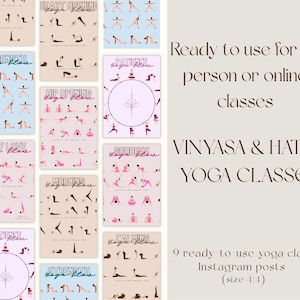 以下が含まれることがあります： さまざまなヨガのポーズが特徴の、すぐに使えるヨガクラスのInstagram投稿9つ、サイズ4:4。各投稿には、「ハートオープニング」、「ストレングス」、「パティエンス」など、さまざまなテーマがあります。「ヴィンヤサ＆ハタヨガクラス」というテキストも表示されています。