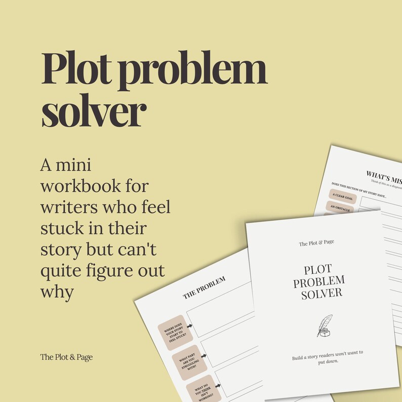 Może przedstawiać: Mini zeszyt ćwiczeń Plot Problem Solver dla pisarzy na jasnym ż&oacute;łtym tle. Okładka zawiera tekst Plot Problem Solver, ikonę pi&oacute;ra i kałamarza oraz tekst Build a story readers won't want to put down. Dołączone są strony wewnętrzne.