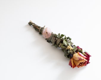 SMUDGE STICK herbs flowers, with rose quarz