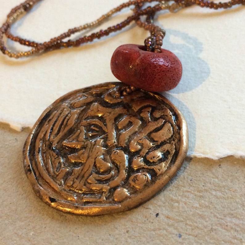 NECKLACE GODDESS handmade clay jewelry beaded necklace with red coral pendant amulet magick goddess adow2 love gift for her
