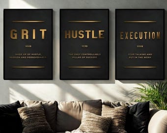 Modern Motivational Wall Art Set – Black and Gold Office Decor, Inspirational Quotes for Home or Workspace