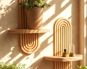 Handmade Wooden Wall Shelf – Modern Boho Plant Holder – Curved Minimalist Decor