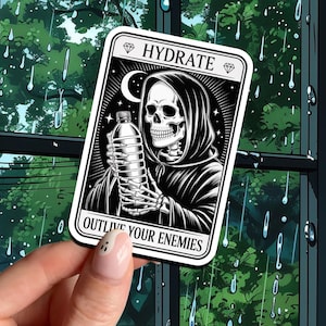 Funny Grim Reaper Drink Water Sticker: Goth Humor Vinyl Decal