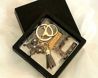 Personalized Resin Initial Keychain | Gold Leaf Letter Keychain for Women | Gold Tone Rhinestone Butterfly Bag Charm | Custom Monogram Gift