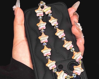 Handmade Iridescent Star Bead Phone Charm Strap, Glitter Resin Wristlet, Crystal Beaded Phone Chain, Y2K Kawaii Phone Accessory, Gift for He