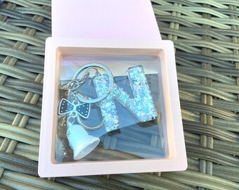Custom Resin Initial Keychain, White Bell Charm and  Black and White  Bow Charm, Glitter Purse Charm, Personalized Christmas Gift