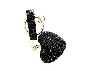 Black Rhinestone Heart Keychain, Glitter Wristlet, Bag Charm, Gothic Accessory, Halloween Decoration