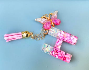 Pink Resin Initial Keychain, Glitter Butterfly Tassel Bag Charm