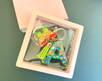 Personalized Neon Green Resin Initial Keychain | Tropical Butterfly Charm Keyring |  Colorful Heart Confetti Bag Charm | Girly Gift