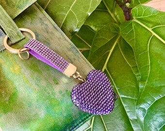 Purple Rhinestone Heart Wristlet Keychain, Clay Pave Bling Bag Charm, Gold-Tone Keyring