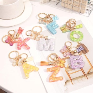 Glitter Resin Initial Keychain, Butterfly Charm, Personalized Backpack Accessory