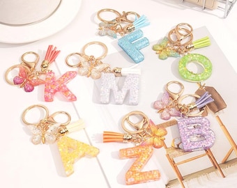 Glitter Resin Initial Keychain, Butterfly Charm, Personalized Backpack Accessory