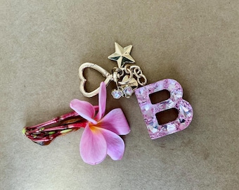 Double Sided Pink Resin Initial Keychain, Glitter Monogram Keyring, Heart Clasp Bag Charm