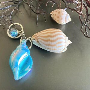 Op de afbeelding: Een blauwe iriserende zeeschelp sleutelhanger met een zilverkleurige sluiting en een kleine, ronde bedel gevuld met blauwe glitter. Twee zeeschelpen met bruine en beige strepen zijn ook aanwezig, samen met gedroogde takken.