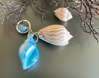 Blue Seashell Resin Keychain, Swirl Ocean Bag Charm, Beach Accessories