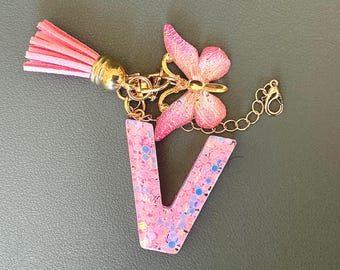 Personalized Pink Glitter Resin Initial Charm, Butterfly Water Bottle Chain