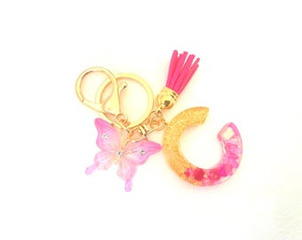 Personalized Pink Gold Foil Initial Keychain, Butterfly Tassel Resin Bag Charm