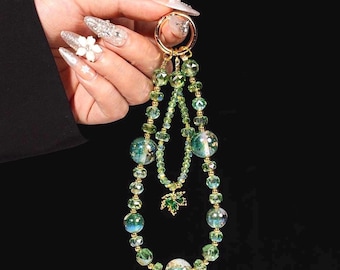 Handmade Premium Crystal Green Beaded Phone Wristlet, Galaxy Glitter Resin Ball Charm Strap, Peridot AB Crystal Wrist Lanyard, Gift For Her