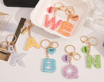 Personalized Glitter Resin Initial Keychain, Star Confetti, Heart Charm