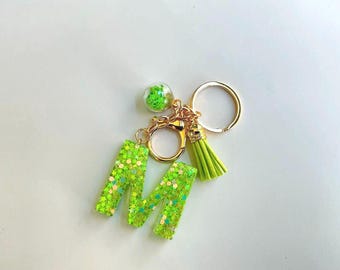Lime Green Resin Initial Keychain, Custom Star Glitter Letter Keyring, Brat Green Bag Charm with Tassel, Y2K Aesthetic Backpack Accessory