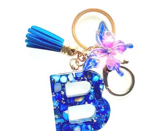 Personalized Blue Resin Initial Keychain, Gold Foil Butterfly Charm, Tassel Bag Accessory