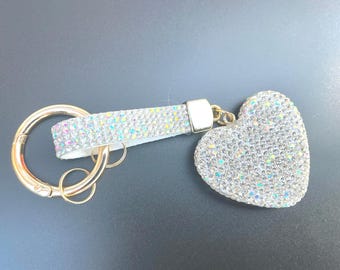 Rhinestone Heart Keychain, Clay Powder Bag Charm Wristlet, Gold-Tone Key Ring