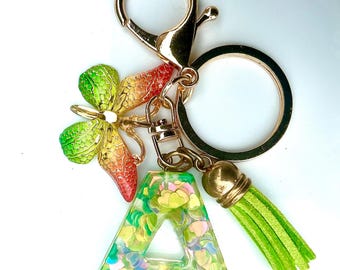 Resin Initial Keychain | Lime Green Tassel, Iridescent Glitter, Butterfly Charm
