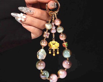 Handmade Vintage Phone Wristlet, Lucky Charm Bag Accessory, Aurora Purse Strap, Iridescent AB beaded Phone Charm