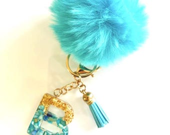 Turquoise Pom Pom Keychain, Personalized Glitter Initial Resin Charm, Purse Accessory, Women Gifts