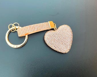 Rose Gold Rhinestone Heart Charm Keychain, Sparkly Bag Accessory Wristlet
