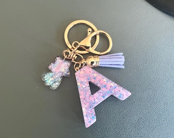 Glitter Purple Resin Keychain, Y2K Star Accessory, Starry Initial Car Keyring, Sparkly Bag Charm, Personalized Gift for Girls, BFF Gift