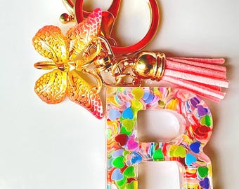 Resin Initial Keychain, Sparkle Heart Sequins, Golden Butterfly Charm