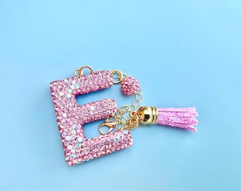 Personalized Pink Glitter Initial Charm Keychain, Rhinestone Tassel Bag Accessory