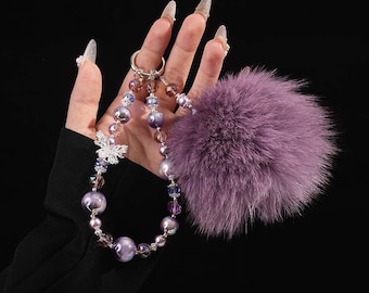 Handmade Real Fox Fur Phone Wristlet, Purple Fox Fur Pompom Bag Charm, Beaded Resin Keychain Bracelet, Lux Purse Charm, Gift for Women Girls