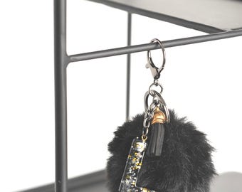 Black Glitter Resin Letter Keychain with Gold and White Flakes | Gothic Bag Charm | Fluffy Pom Pom Car Keyring | Edgy keychain gift