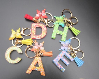 Resin Initial Keychain – Glitter Handmade Butterfly Charm, Personalized Bag Accessory