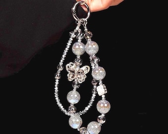 Beaded Butterfly Phone Wrist Strap, Crystal Glitter Resin Lanyard Keychain